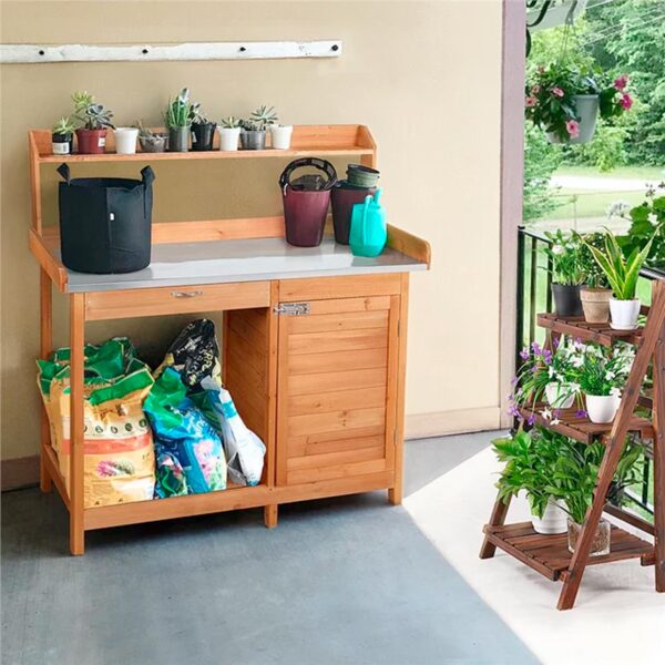 Easyfashion Outdoor Garden Potting Bench Metal Tabletop with Cabinet Drawer Open Shelf, Natural Wood - Image 3